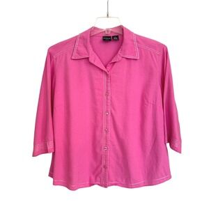 Pink Linen Blend Button‎ Front Shirt 3/4 Sleeve Women's Plus 1X Erika Coastal